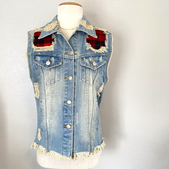 UNIF x Urban outfitters Denim Plaid Vest Medium - Picture 2 of 8
